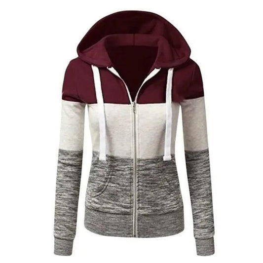 Women patchwork color-block hoodie jacket with zip, drawstrings and front pockets on Tampa Home & Garden Store
