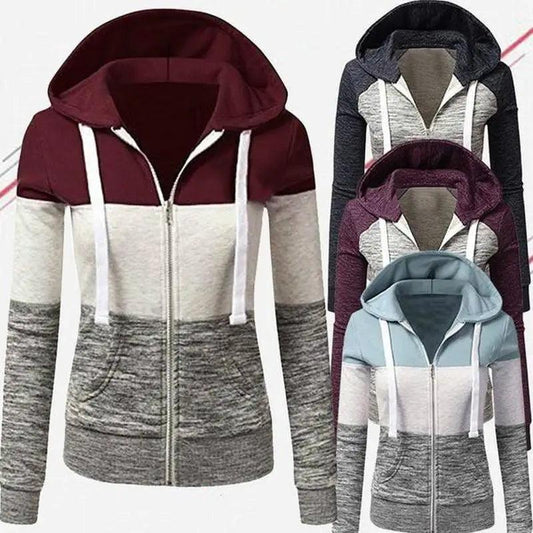 Stevvex color-block patchwork hoodie for women, zip-front with pockets, five hoodies shown on Tampa Home & Garden Store