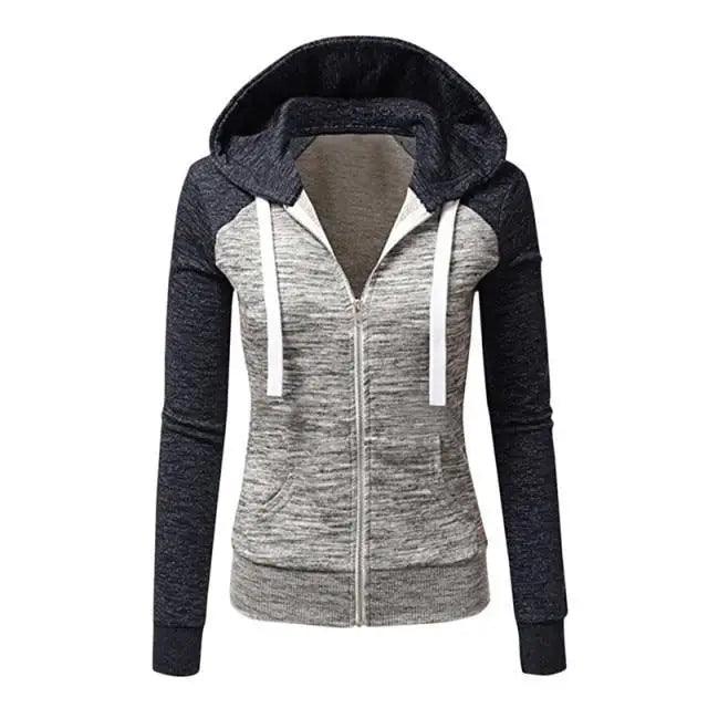 Stevvex women's patchwork hoodie gray body navy sleeves zip front drawstring hood on Tampa Home & Garden Store