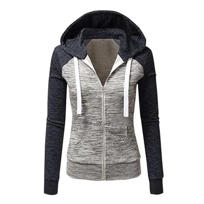 Stevvex women's patchwork hoodie gray body navy sleeves zip front drawstring hood on Tampa Home & Garden Store