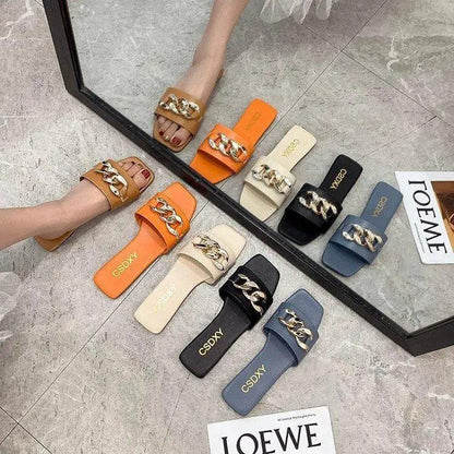 Stevvex women's square-toe chain slippers with metal chain strap in orange beige black blue on Tampa Home & Garden Store