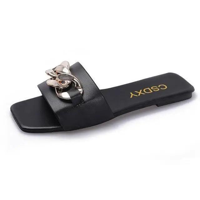 Stevvex black square-toe chain slipper gold chain sandal for women on Tampa Home & Garden Store