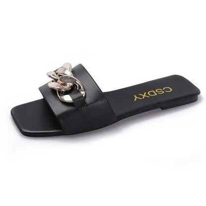Stevvex black square-toe chain slipper gold chain sandal for women on Tampa Home & Garden Store