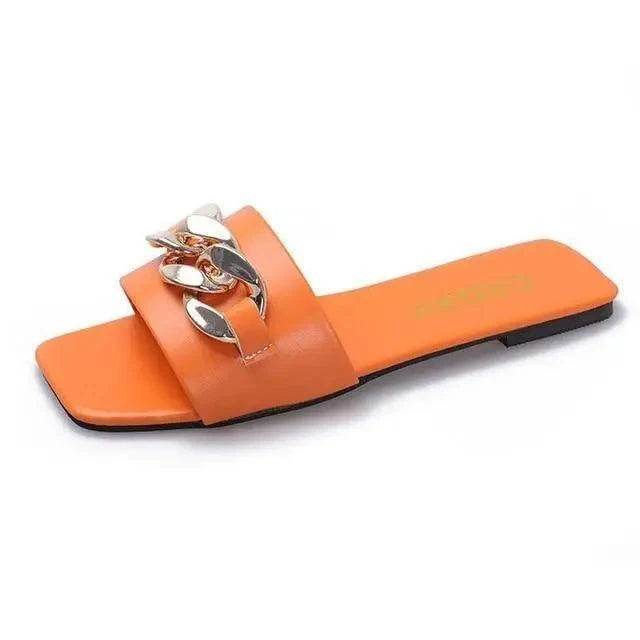 Stevvex orange square-toe open-toe slide sandal with metal chain detail for women on Tampa Home & Garden Store
