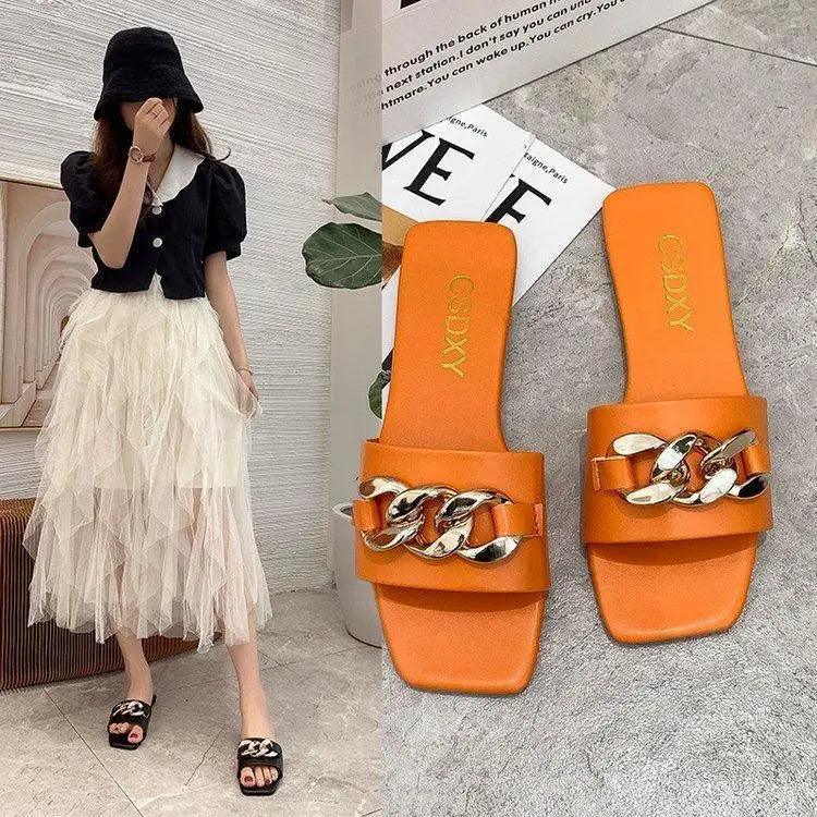 Stevvex orange square-toe slippers with gold chain strap, open-toe beach slides for women on Tampa Home & Garden Store
