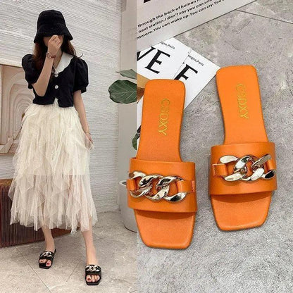 Stevvex orange square-toe slippers with gold chain strap, open-toe beach slides for women on Tampa Home & Garden Store