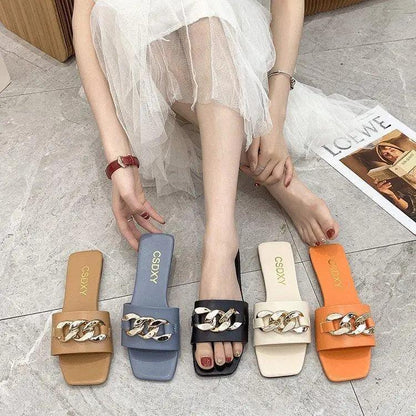 Stevvex luxury women's square-toe chain slippers in colors tan blue black cream orange on Tampa Home & Garden Store