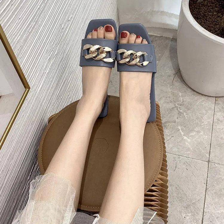 Stevvex blue-gray square-toe chain slide sandals with gold metal chain open-toe slippers on Tampa Home & Garden Store
