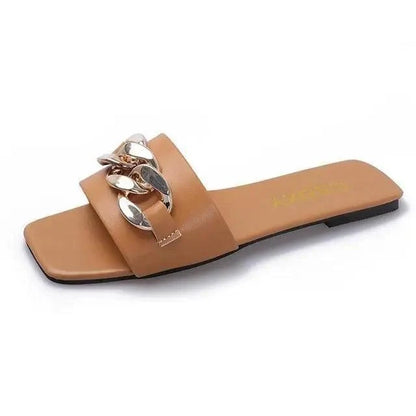 Stevvex tan women's flat sandal with square toe and gold chain strap on Tampa Home & Garden Store