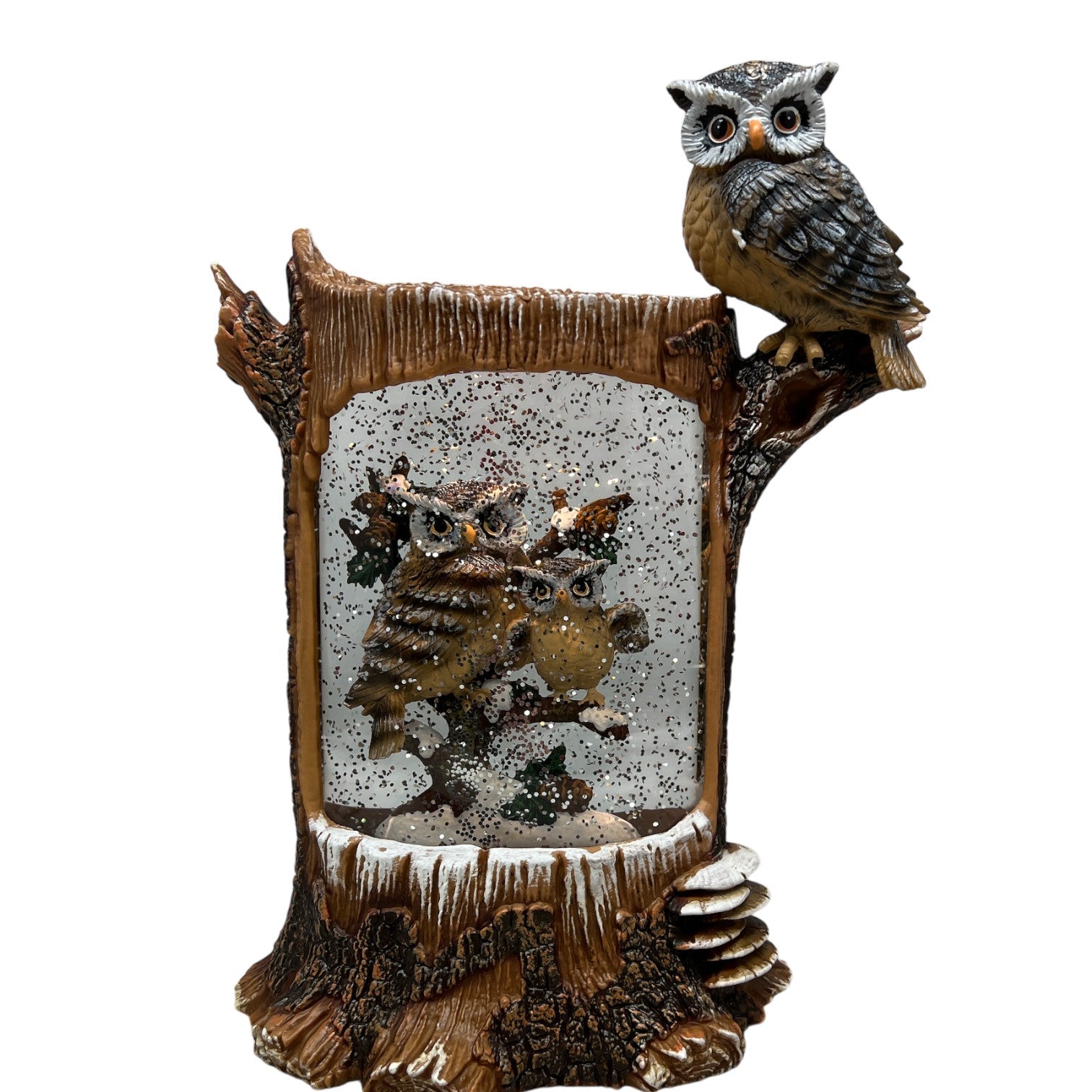 Lighted Holiday Owl Spinning Water Globe with brown perched owl on branch snowy interior scene on Tampa Home & Garden Store