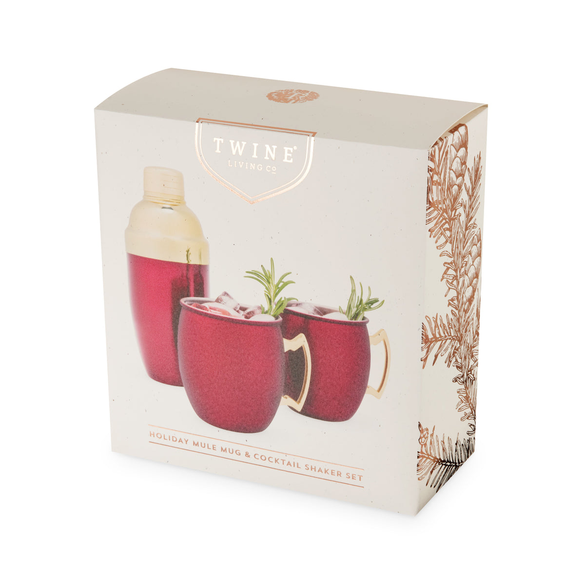Red mule mug and cocktail shaker bar set by Twine Living on gift box packaging on Tampa Home & Garden Store