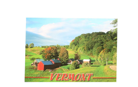 Vermont postcard greeting card with red barns, rolling green hills and autumn trees on Tampa Home & Garden Store