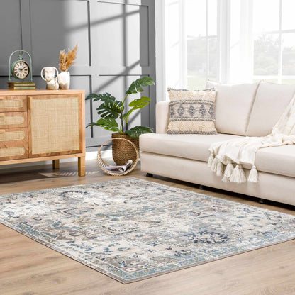 Cabacungan Gray & Blue Washable Area Rug by Boutique Rugs, gray-blue rug with pattern on Tampa Home & Garden Store