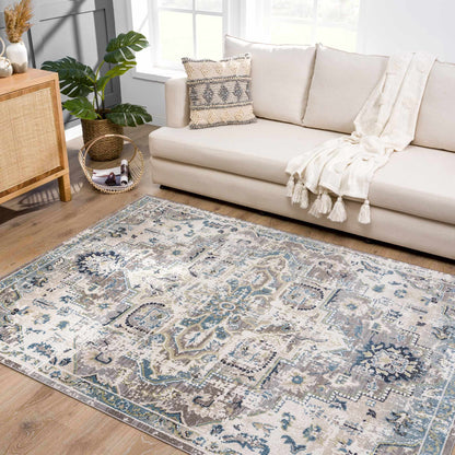 Cabacungan Gray & Blue Washable Area Rug with gray-blue tones in living room on Tampa Home & Garden Store