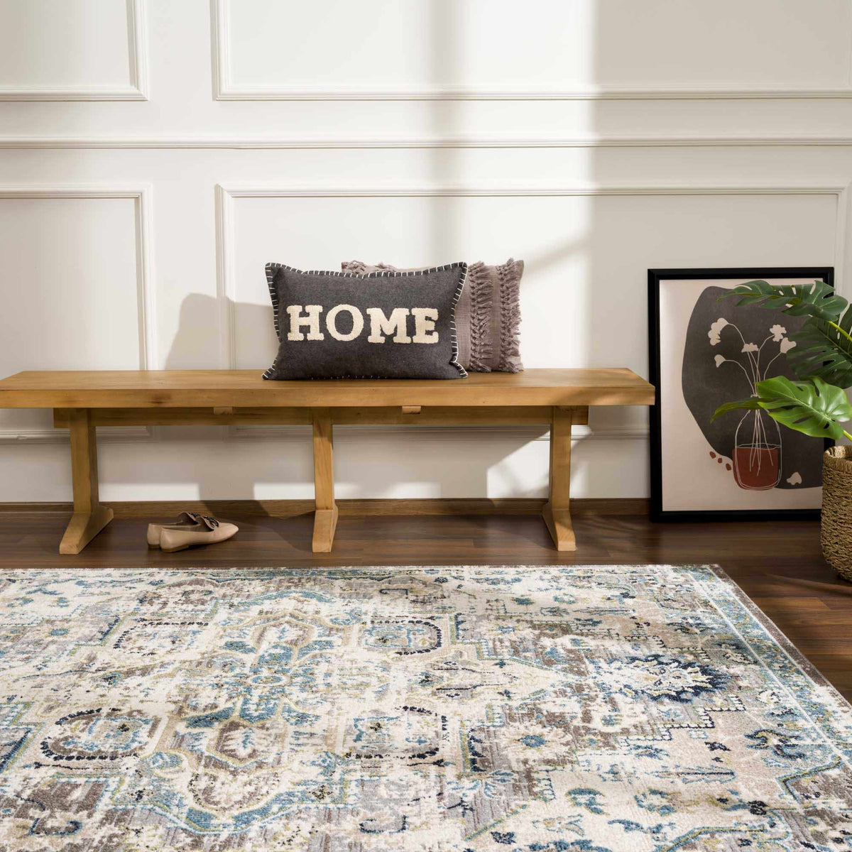 Cabacungan gray & blue washable area rug by Boutique Rugs on a wooden floor on Tampa Home & Garden Store