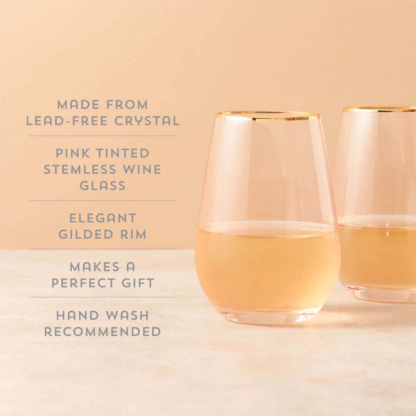 Rose Crystal Stemless Wine Glasses and Gold Rim