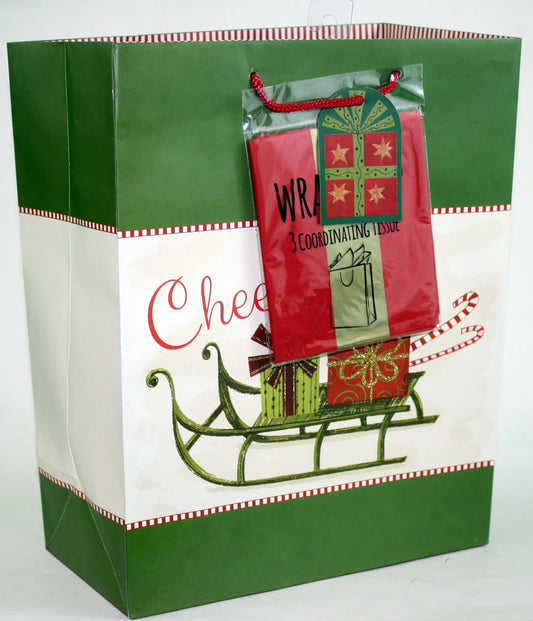 Traditional Gift Bag with Matching Tissue Sleigh, green bag with red trim on Tampa Home & Garden Store