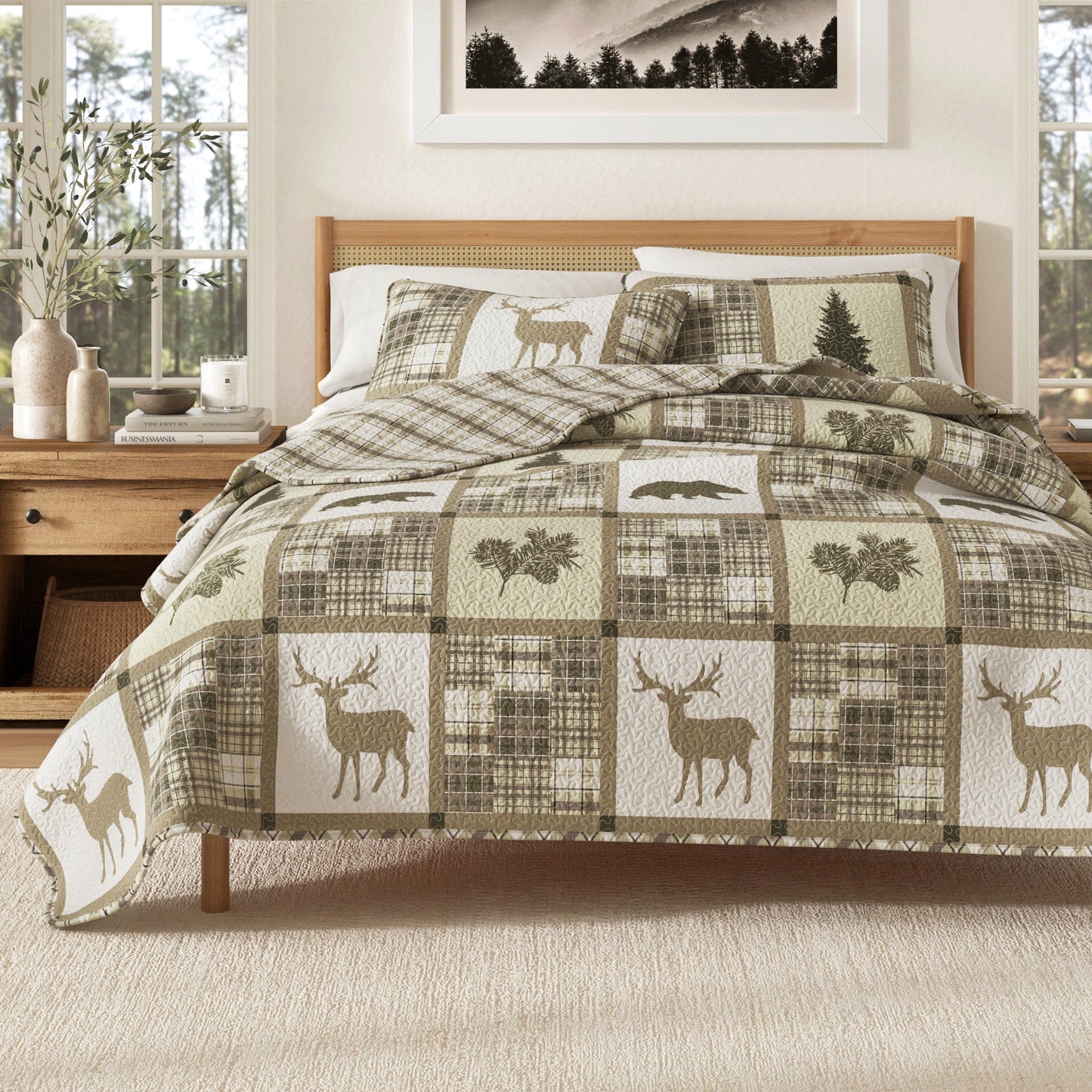 Plaid Lodge Quilt Set and Reversible Bear Design