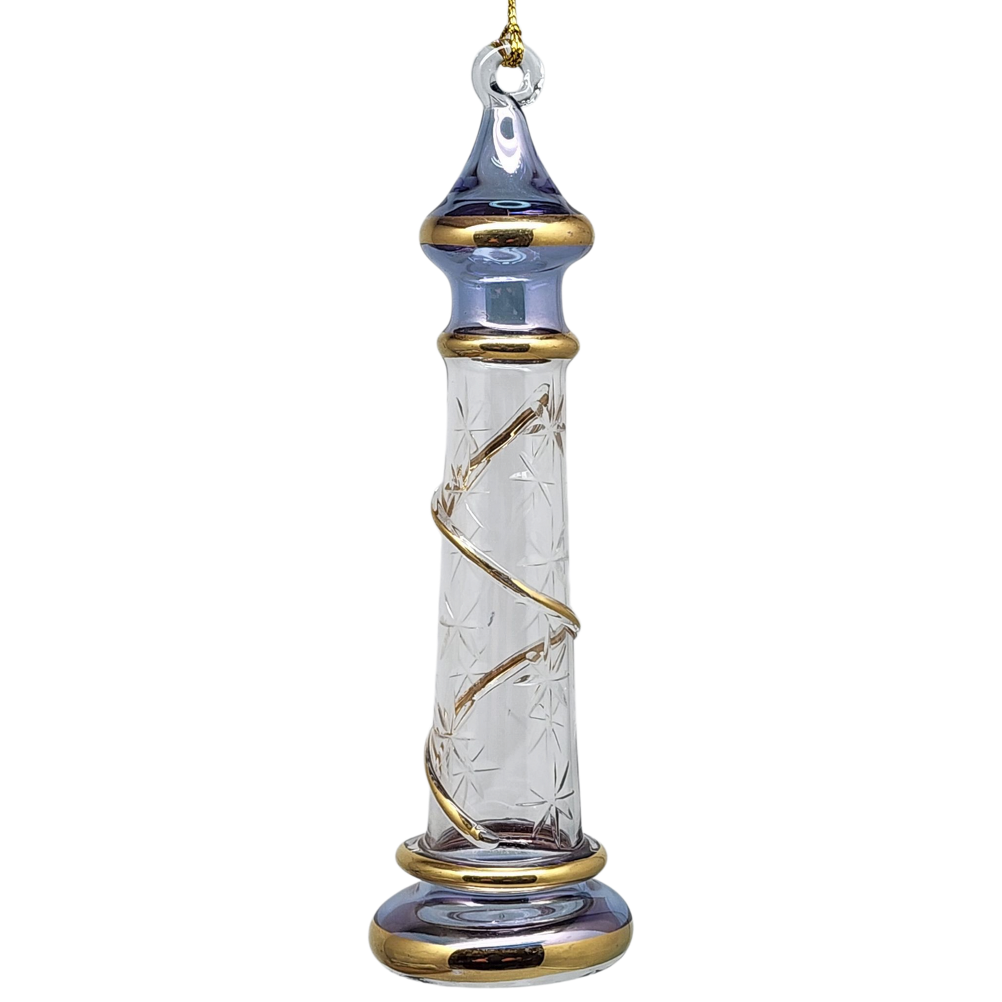 Ornement de phare en verre avec accent doré - Bleu