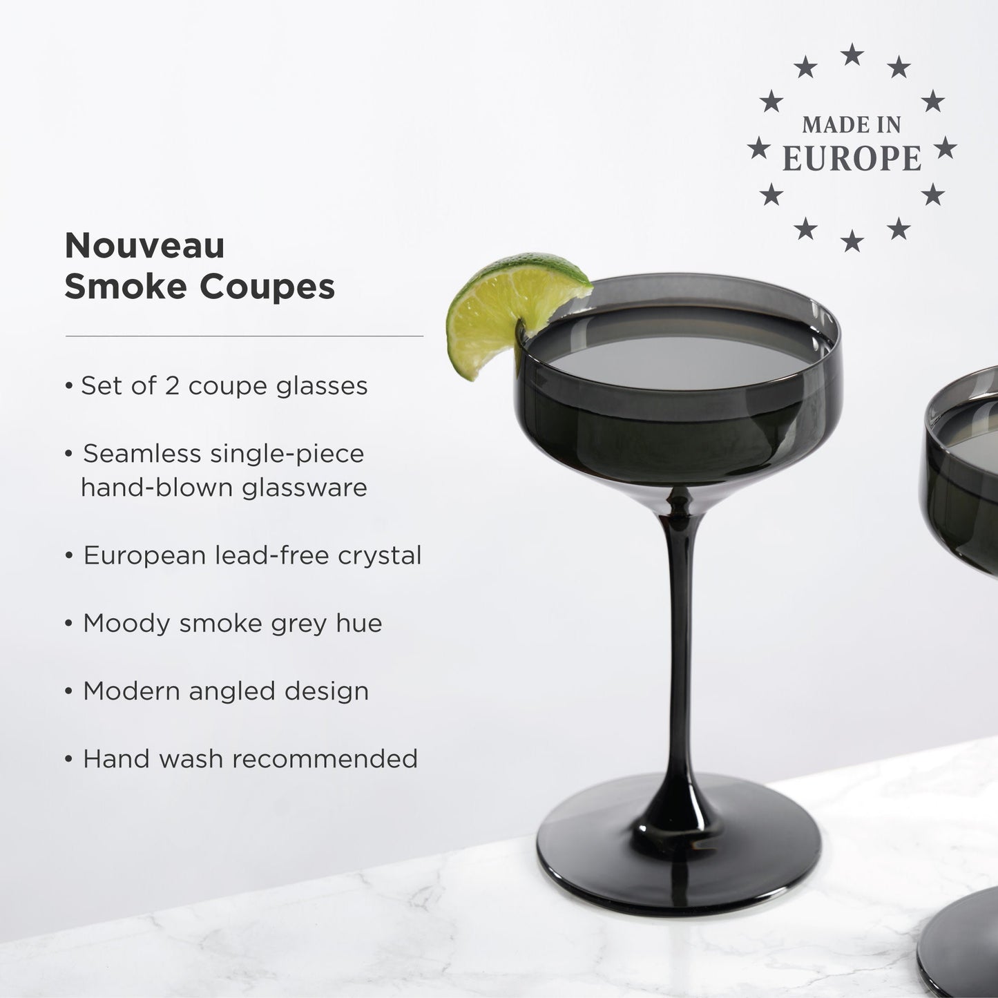 Smoke Grey Crystal Coupe Glasses Set of Two