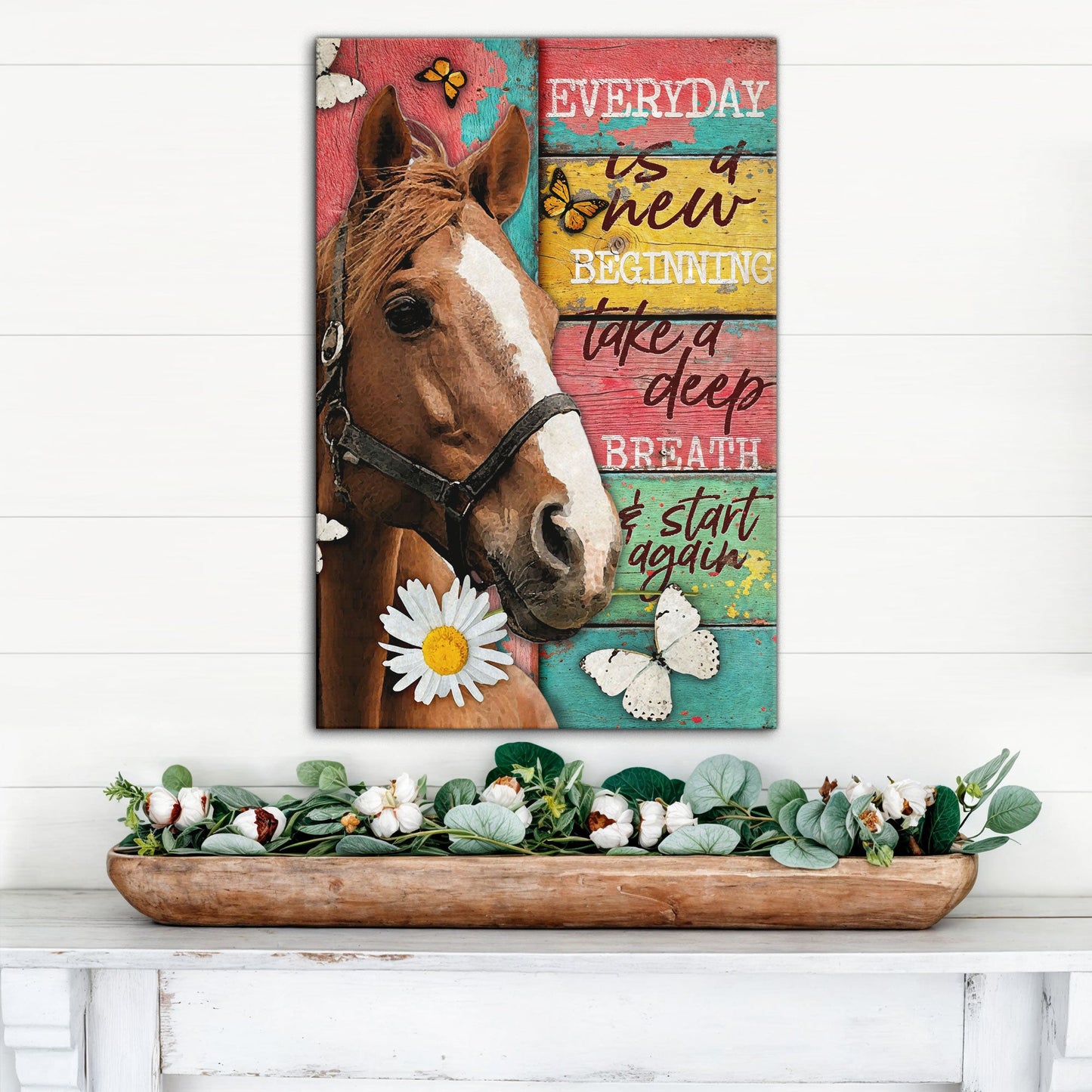 Canvas Everyday Is A New Beginning Faith Sign with rustic multicolor wood panel horse head on Tampa Home & Garden Store