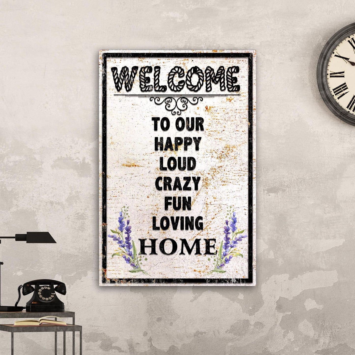 Funny Home Signs II canvas print with rustic look and lavender accents on Tampa Home & Garden Store