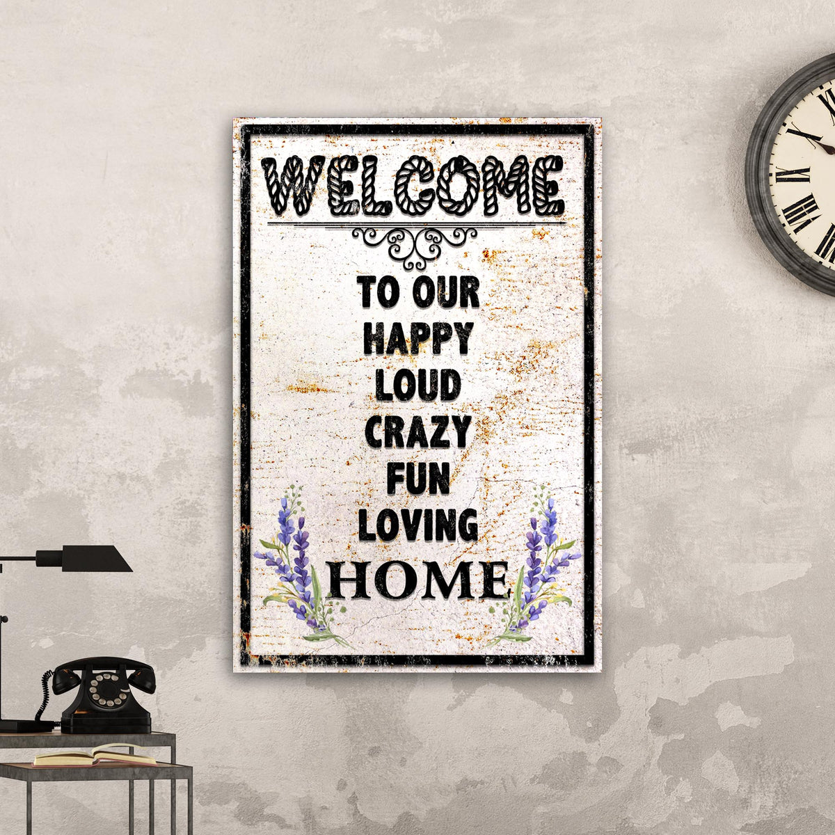 Funny Home Signs II canvas print with rustic look and lavender accents on Tampa Home & Garden Store