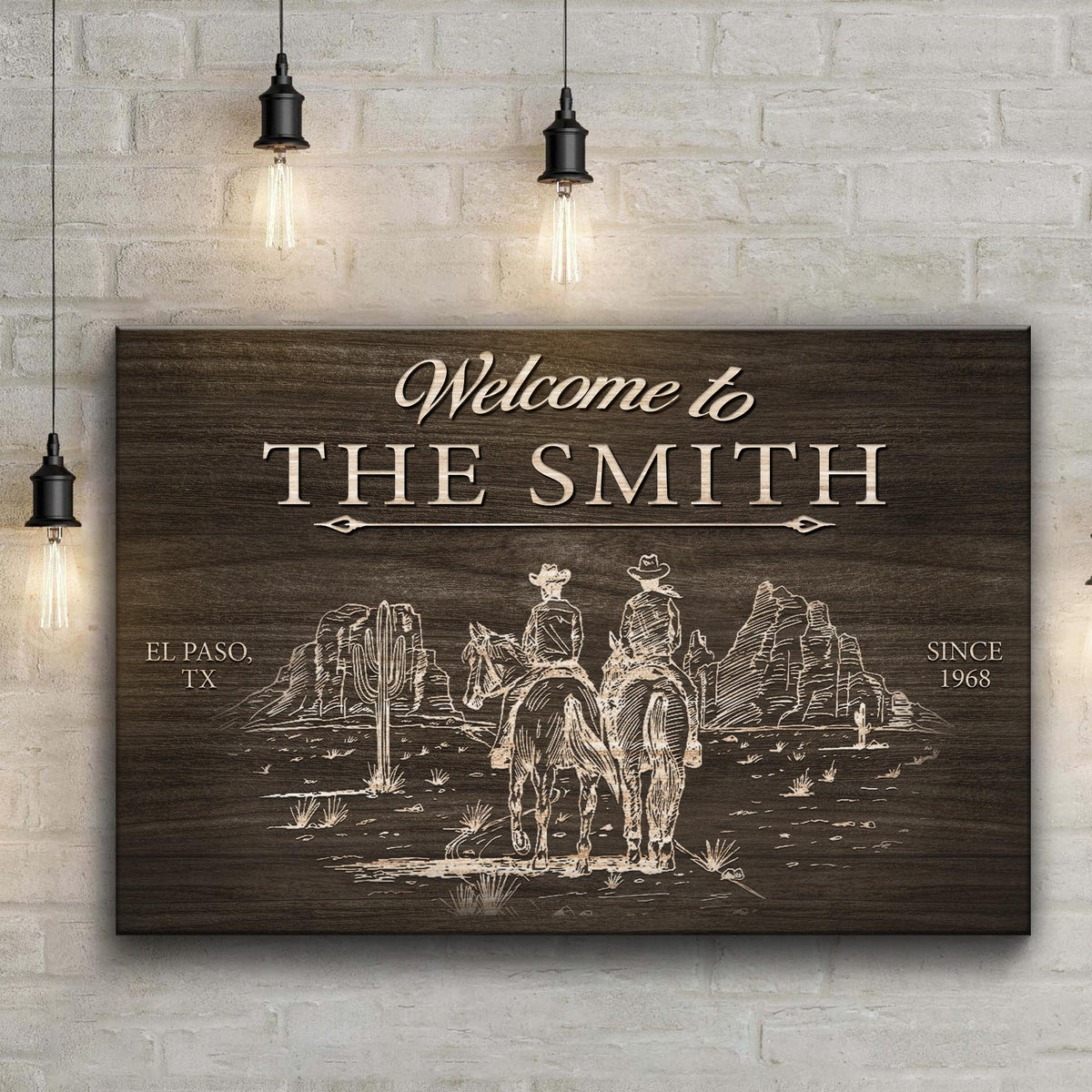 Cowboy Welcome Sign canvas by Tailored Canvases, dark wood plaque, rustic scene on Tampa Home & Garden Store