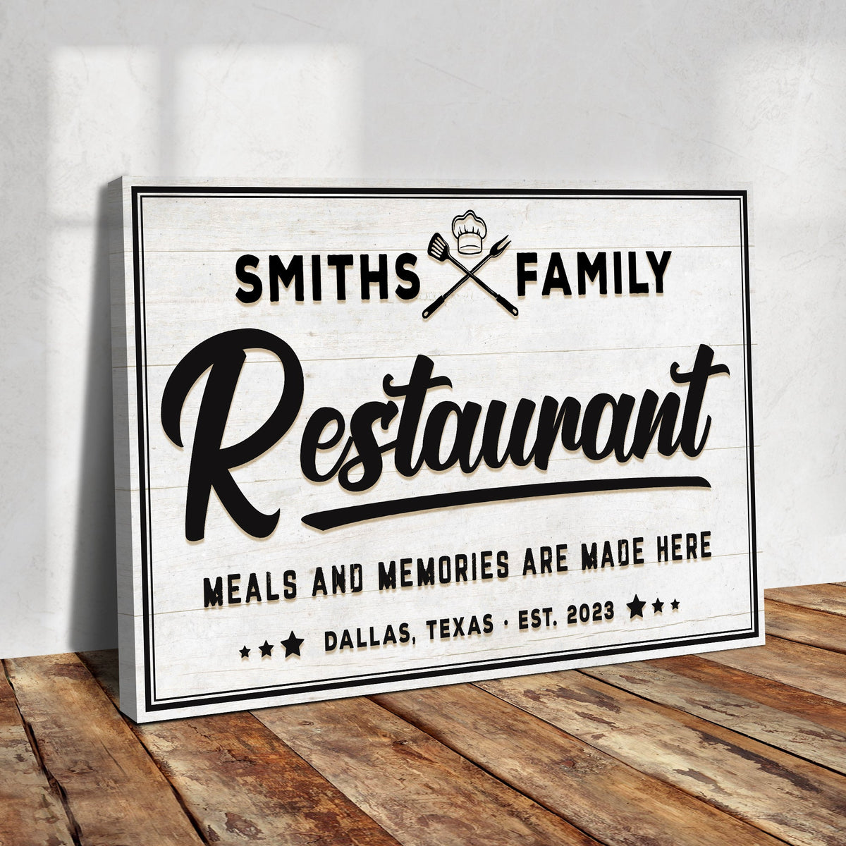 Restaurant Sign V canvas by Tailored Canvases on whitewashed wood with chef hat and spatulas on Tampa Home & Garden Store