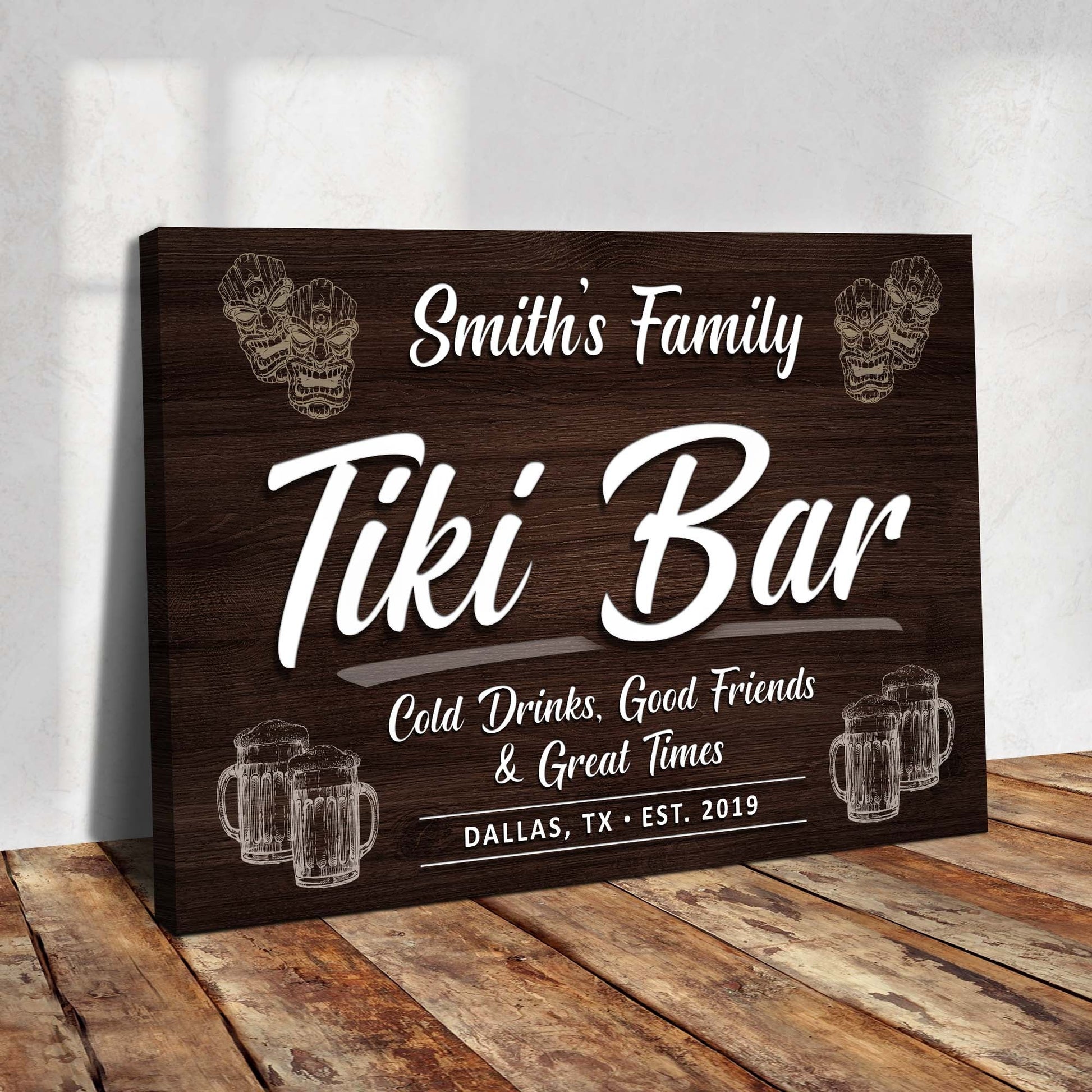 Tiki Bar Sign IV canvas by Tailored Canvases with tiki masks in dark wood finish Garden on Tampa Home & Garden Store