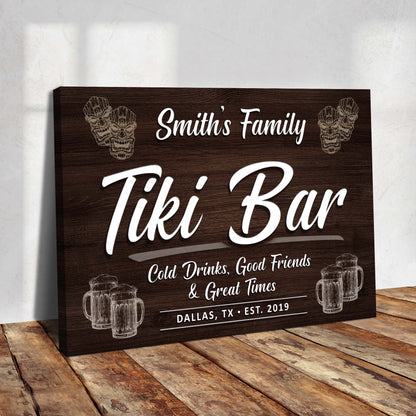 Tiki Bar Sign IV canvas by Tailored Canvases with tiki masks in dark wood finish Garden on Tampa Home & Garden Store