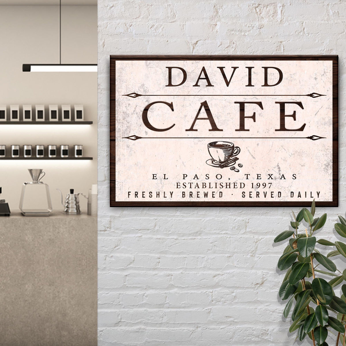 Cafe Sign II canvas by Tailored Canvases; vintage beige panel with DAVID CAFE, coffee cup on Tampa Home & Garden Store