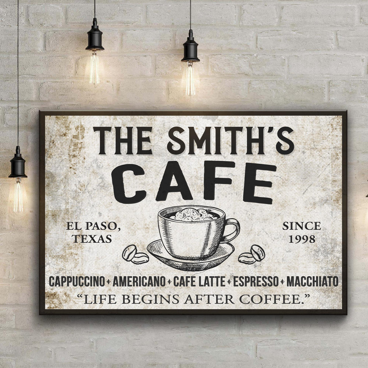 Cafe Sign IV canvas by Tailored Canvases with cafe and coffee cup illustration on brick on Tampa Home & Garden Store