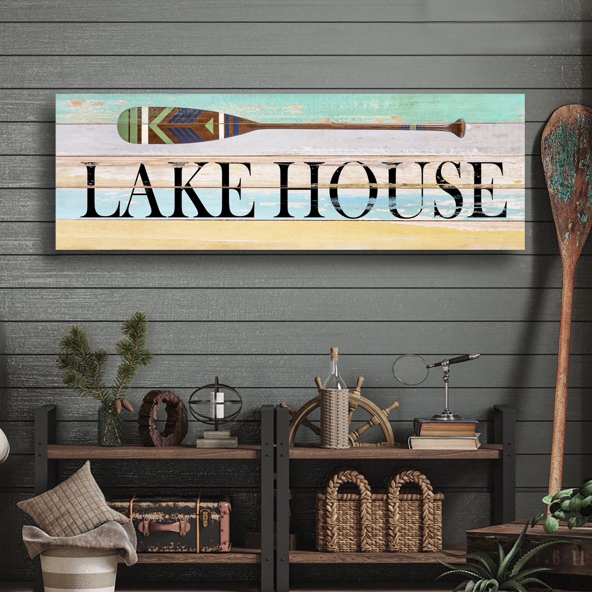 Lake House coastal sign canvas with distressed pastel planks and paddle motif on Tampa Home & Garden Store