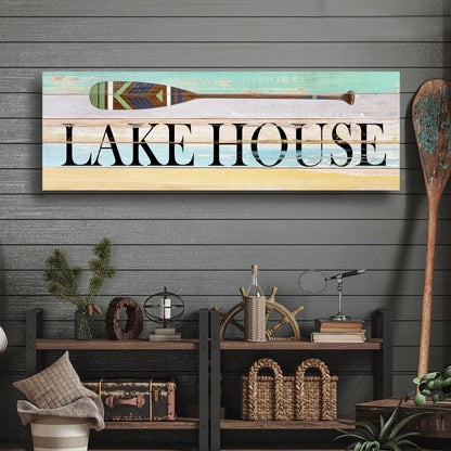 Lake House coastal sign canvas with distressed pastel planks and paddle motif on Tampa Home & Garden Store