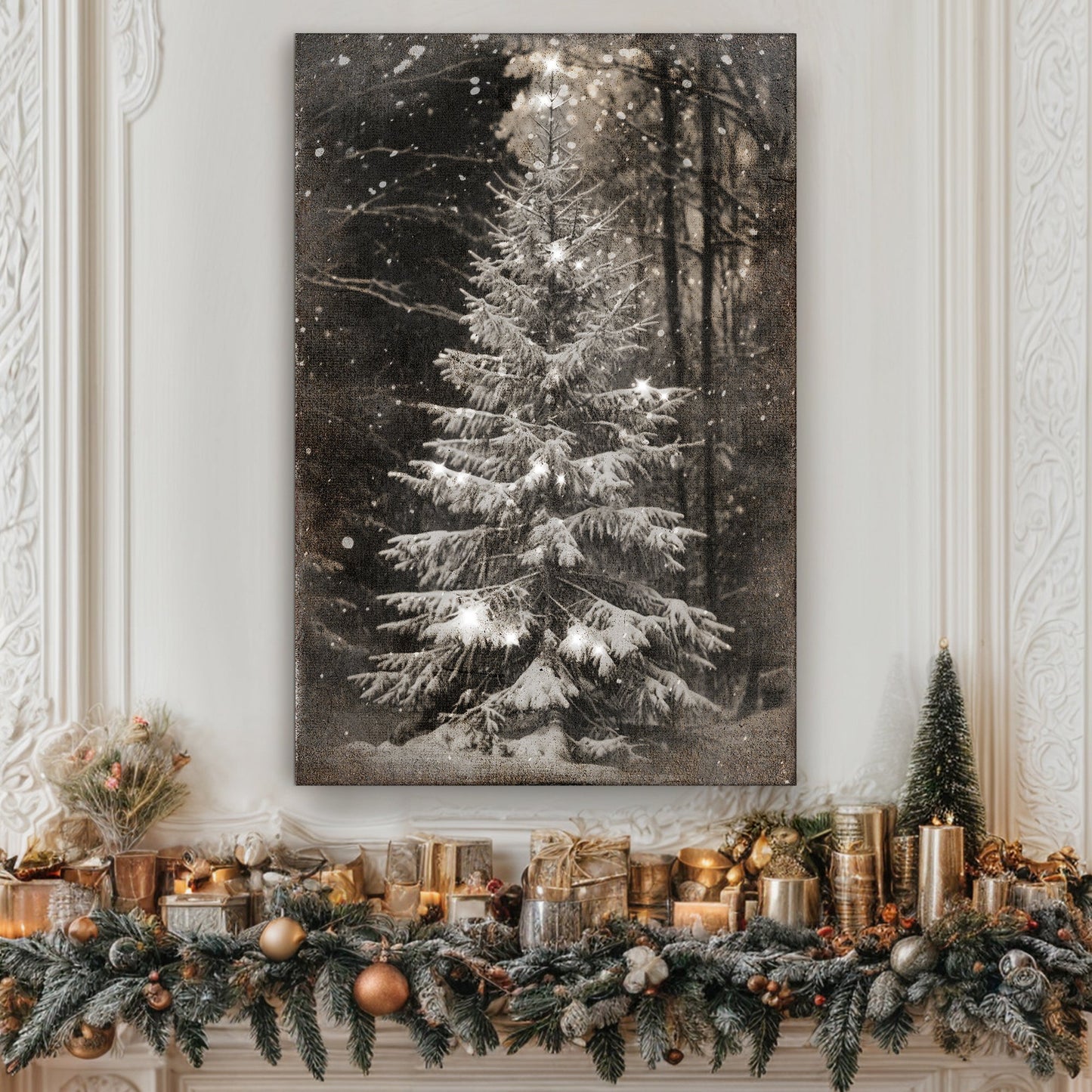 Vintage Christmas Tree Wall Art canvas by Tailored Canvases, monochrome snowy evergreen on Tampa Home & Garden Store