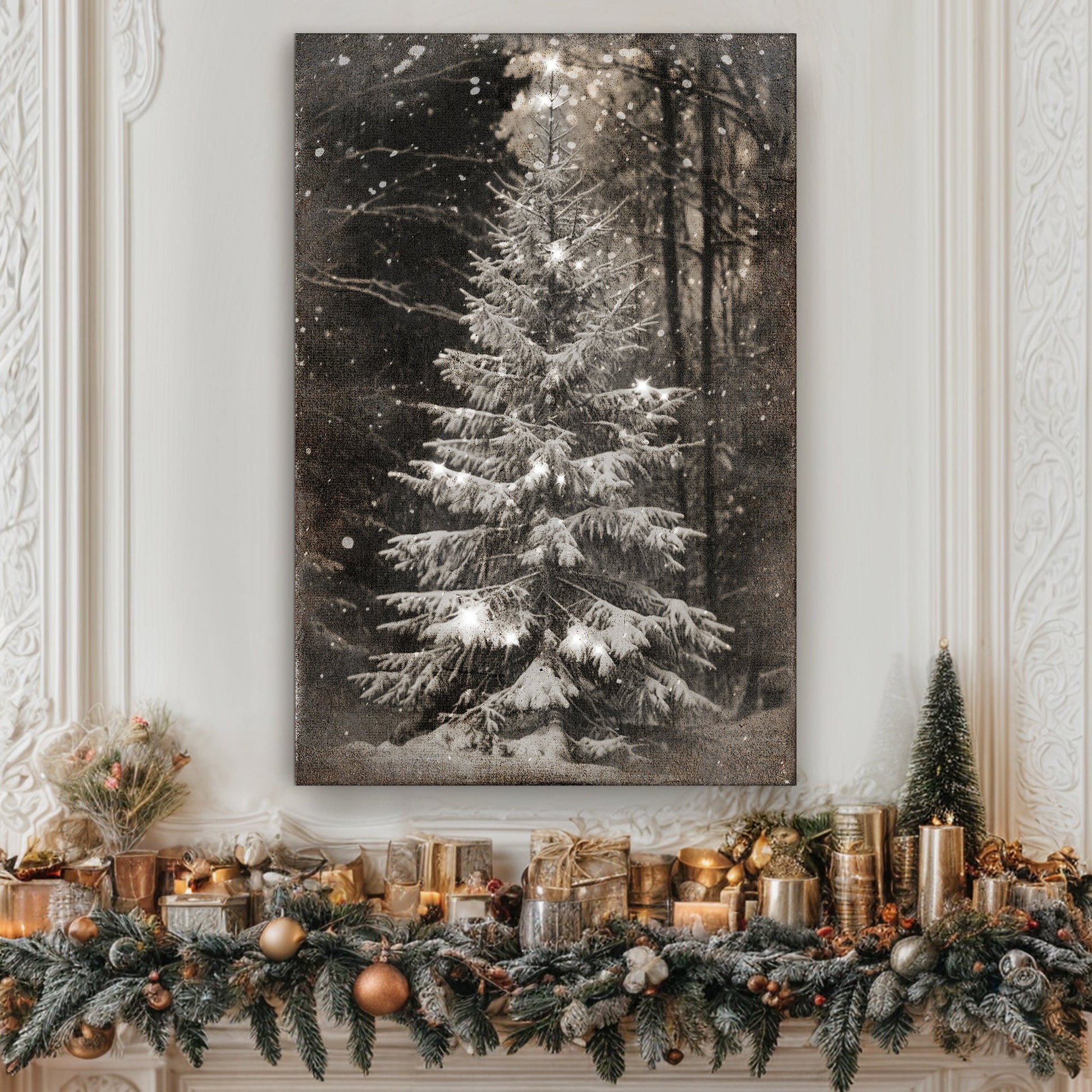 Vintage Christmas Tree Wall Art canvas by Tailored Canvases, monochrome snowy evergreen on Tampa Home & Garden Store