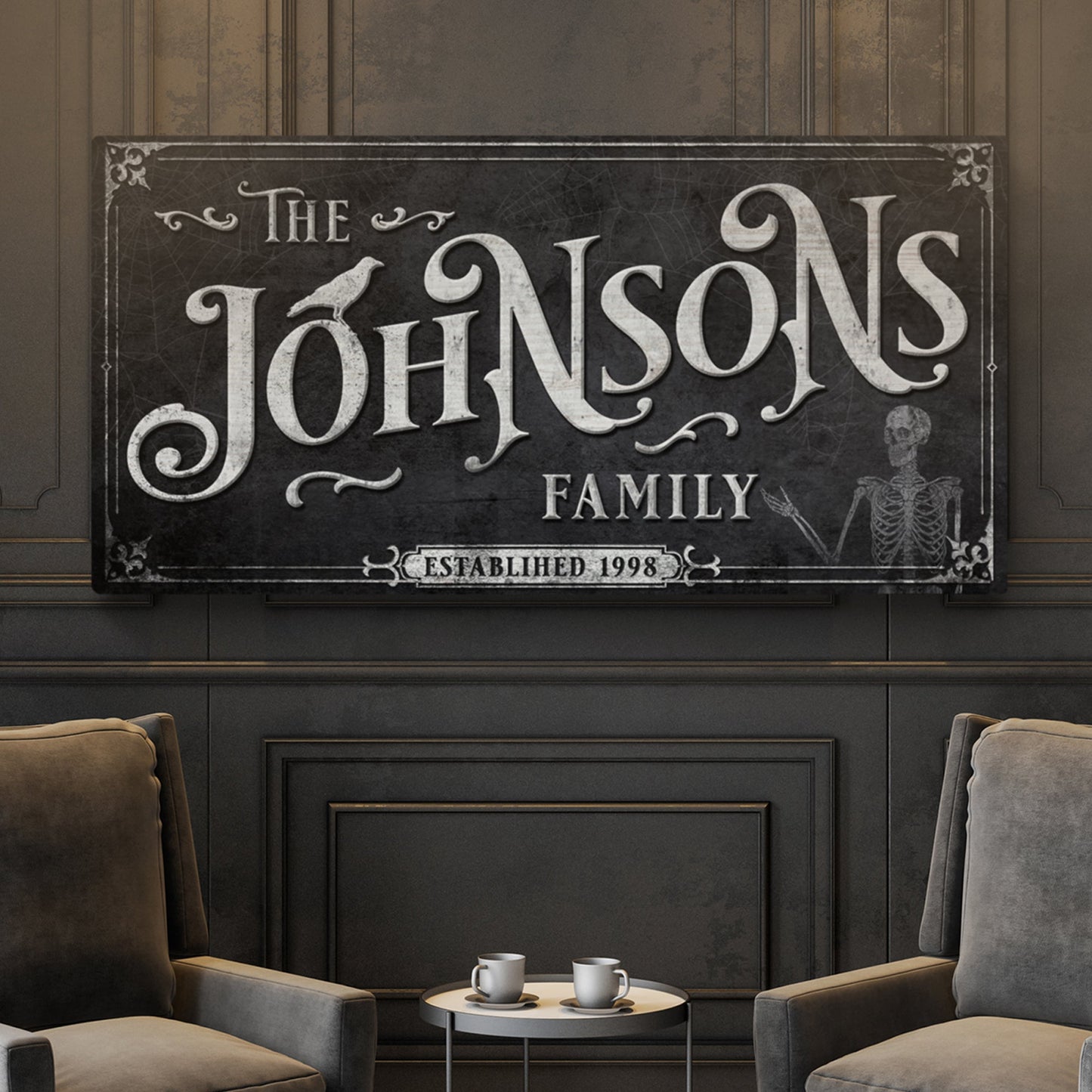Personalized Gothic Sign III canvas by Tailored Canvases with ornate white typography on Tampa Home & Garden Store