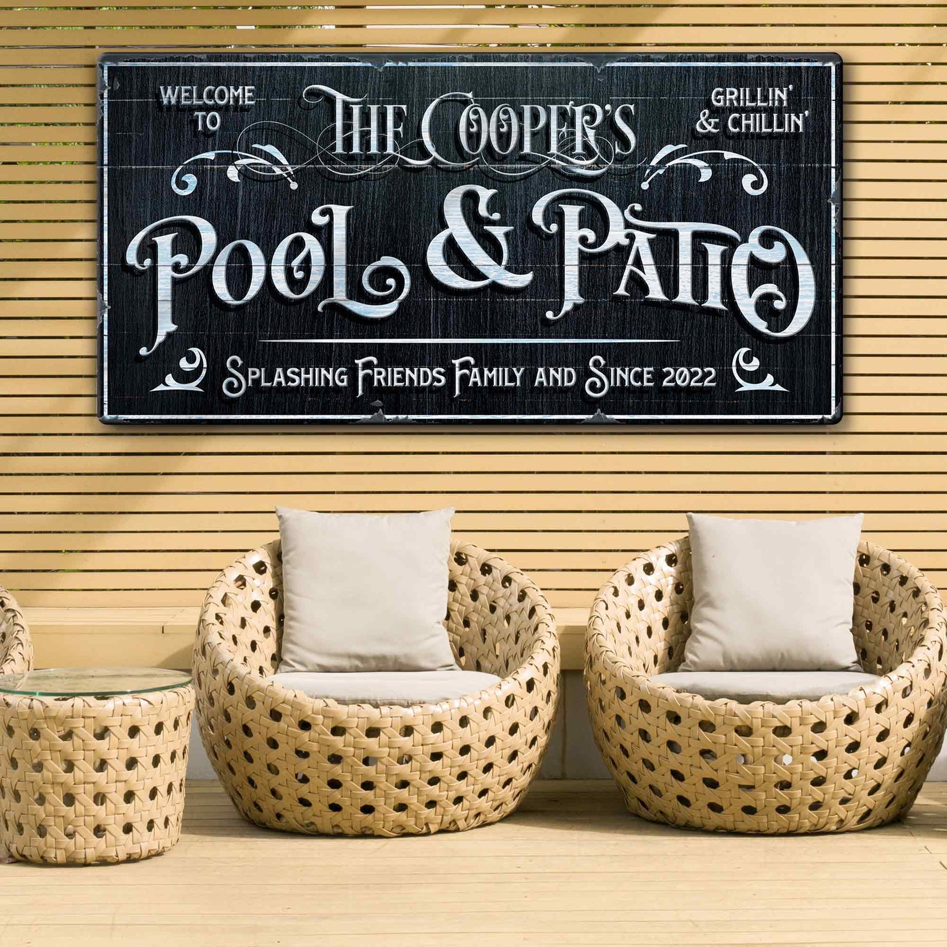 Personalized pool sign canvas with black chalkboard finish and white Pool & Patio lettering on Tampa Home & Garden Store