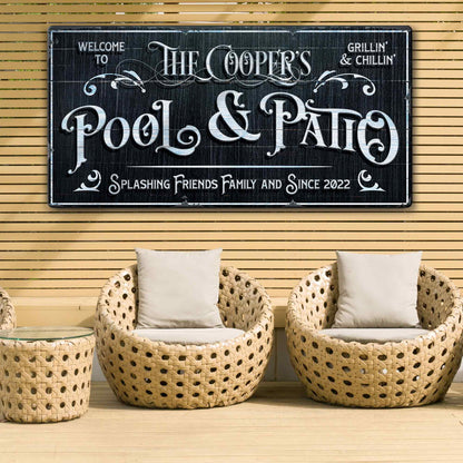 Personalized pool sign canvas with black chalkboard finish and white Pool & Patio lettering on Tampa Home & Garden Store
