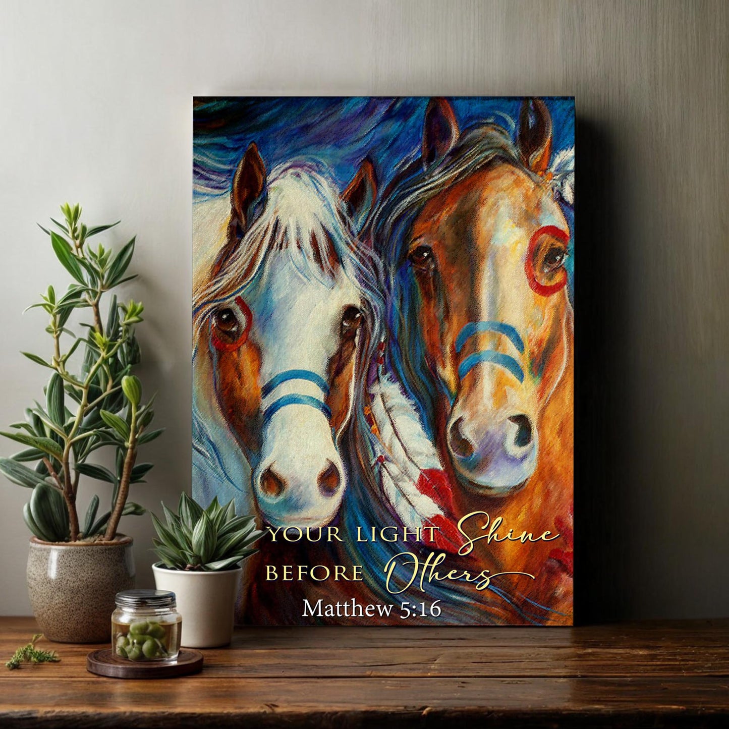 Canvas faith print featuring a colorful horse portrait with Matthew 5:16 verse on Tampa Home & Garden Store