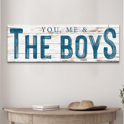 You, Me And The Boys Sign VIII canvas wall art with blue text on rustic wood on Tampa Home & Garden Store