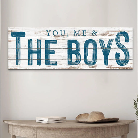 You, Me And The Boys Sign VIII canvas wall art with blue text on rustic wood on Tampa Home & Garden Store