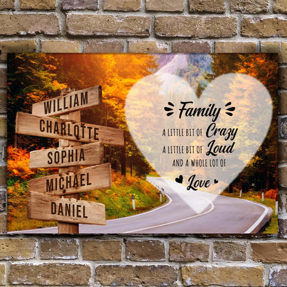 A Lot of Love Family Names Sign II canvas with wooden name signs amid autumn forest on Tampa Home & Garden Store