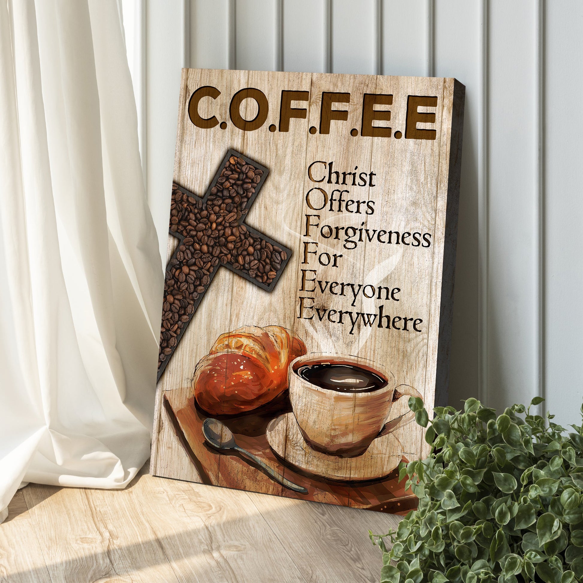 Christ And Coffee Faith Sign II canvas on rustic wood panel with C.O.F.F.E.E letters on Tampa Home & Garden Store