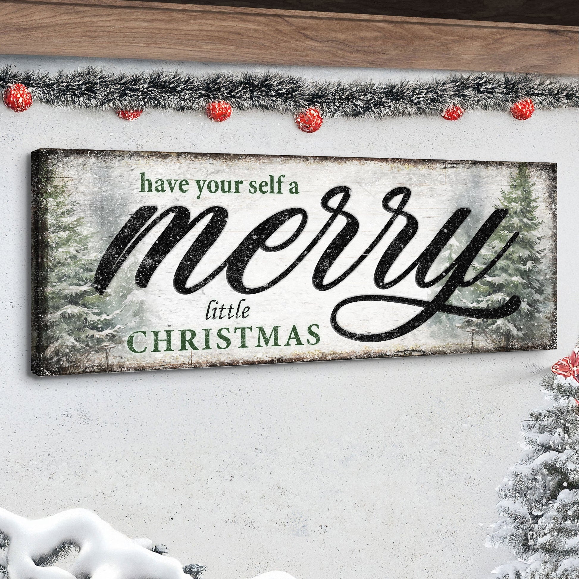 Have Yourself a Merry Little Christmas Sign VII canvas with green text on snow on Tampa Home & Garden Store