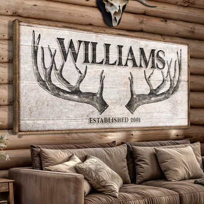Personalized Family Antler Sign IV canvas with rustic wood grain backdrop on Tampa Home & Garden Store