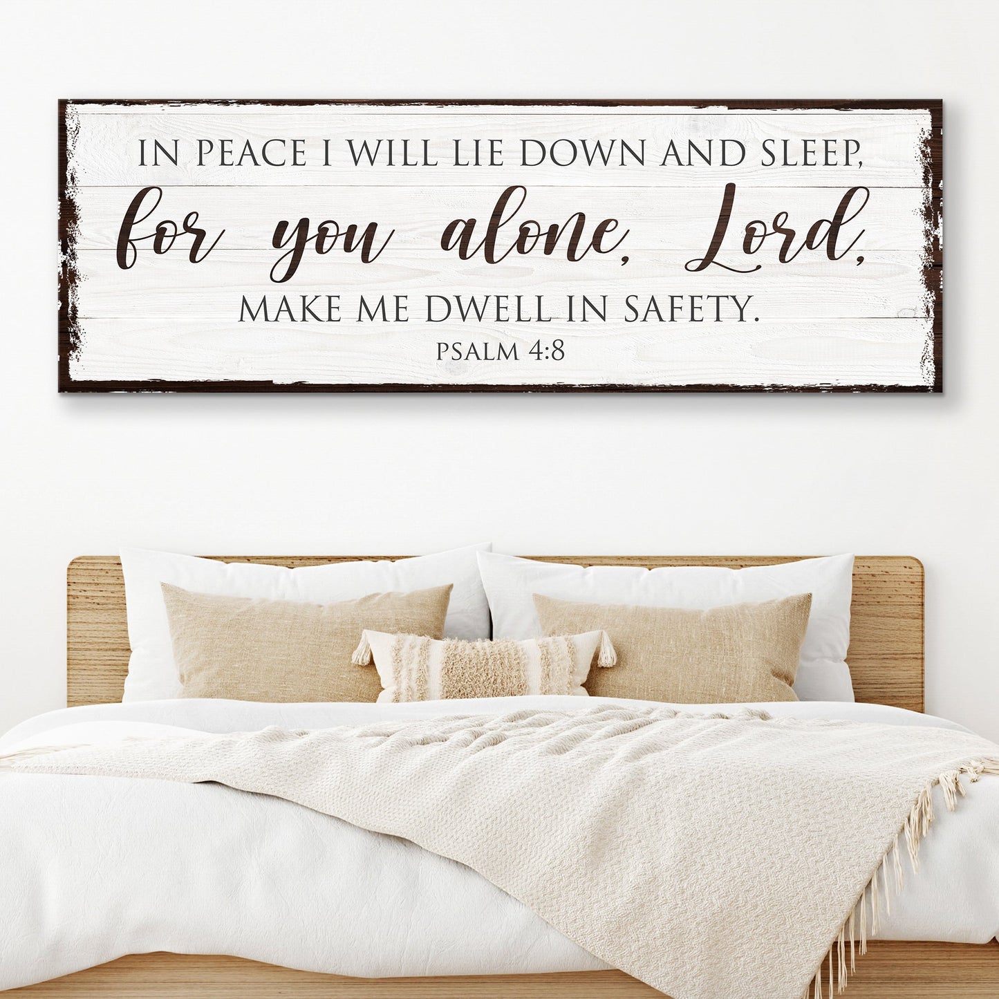 Canvas crafting sign featuring Psalm 4:8 on white wood planks with a brown frame on Tampa Home & Garden Store