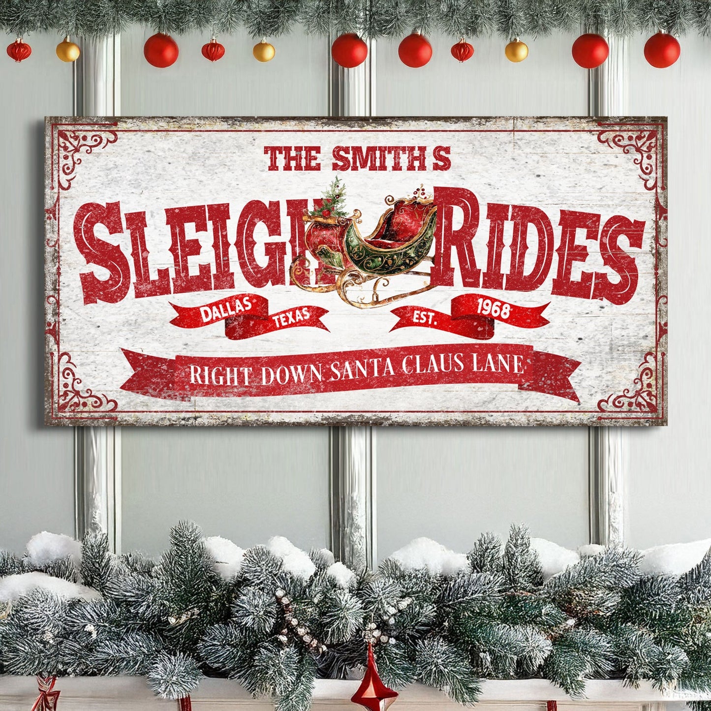 Canvas sign Sleigh Rides IV with vintage red lettering and sleigh motif on rustic backdrop on Tampa Home & Garden Store