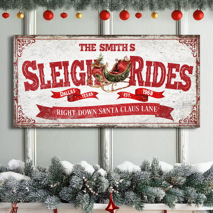 Canvas sign Sleigh Rides IV with vintage red lettering and sleigh motif on rustic backdrop on Tampa Home & Garden Store